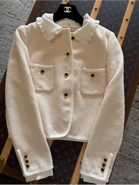 Authentic Miu Miu Cream Tweed Jacket with Ruffle Collar